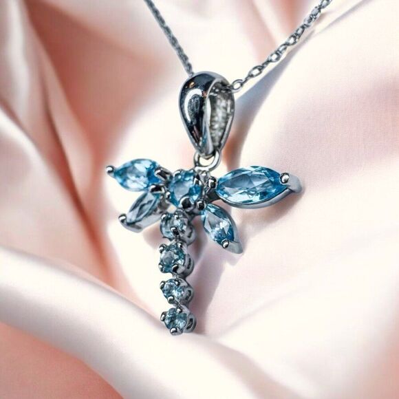 10K Gold- Blue Topaz Necklace -18"- 1cttw- Dragonfly Necklace -White Gold -1.5g - Picture 13 of 16